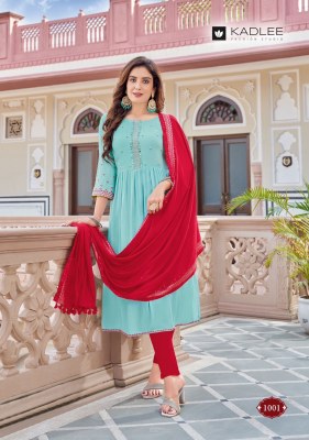 Feeza by Kadlee reyon wrinkle handwork kurti pant and dupatta catalogue at low rate readymade suit catalogs