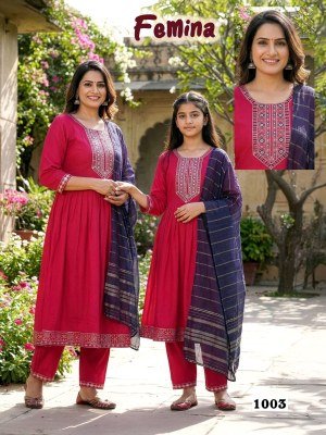 Femina Mother Daughter Duo Heavy Viscose Vertican Silk Kurti Pant with Banarasi Dobby Dupatta Set 