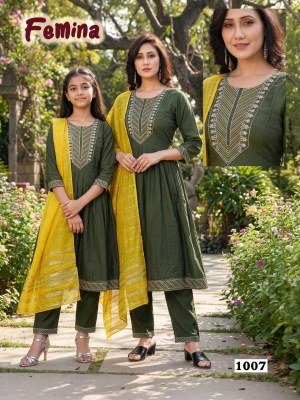 Femina Mother Daughter Duo Heavy Viscose Vertican Silk Kurti Pant with Banarasi Dobby Dupatta Set kurti pant with dupatta Catalogs