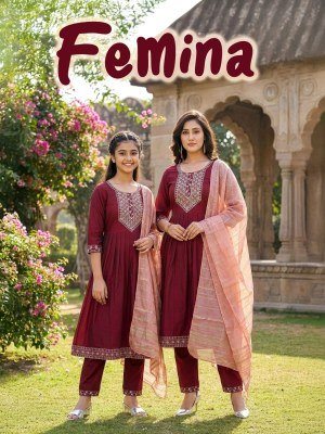 Femina Mother Daughter Duo Heavy Viscose Vertican Silk Kurti Pant with Banarasi Dobby Dupatta Set kurti pant with dupatta Catalogs