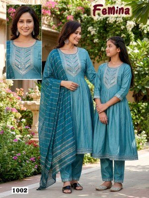 Femina Mother Daughter Duo Heavy Viscose Vertican Silk Kurti Pant with Banarasi Dobby Dupatta Set kurti pant with dupatta Catalogs