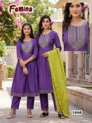 Femina Mother Daughter Duo Heavy Viscose Vertican Silk Kurti Pant with Banarasi Dobby Dupatta Set kurti pant with dupatta Catalogs