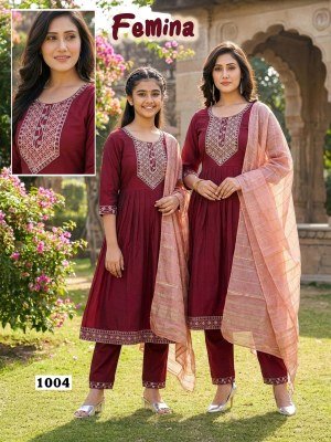 Femina Mother Daughter Duo Heavy Viscose Vertican Silk Kurti Pant with Banarasi Dobby Dupatta Set kurti pant with dupatta Catalogs