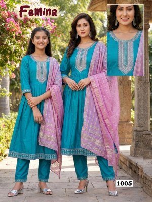 Femina Mother Daughter Duo Heavy Viscose Vertican Silk Kurti Pant with Banarasi Dobby Dupatta Set kurti pant with dupatta Catalogs