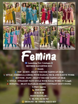 Femina Mother Daughter Duo Heavy Viscose Vertican Silk Kurti Pant with Banarasi Dobby Dupatta Set kurti pant with dupatta Catalogs