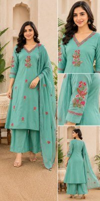 Festival 3-Piece Mull Chanderi Suit with Motidana Hand Work & Latkan Dupatta 