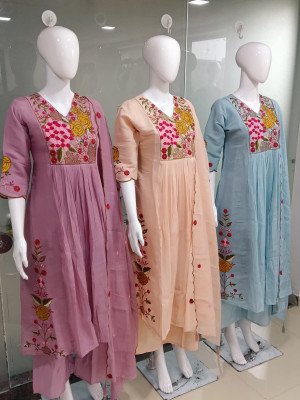 Festival Mull Chanderi 3-Piece Suit Set with Hand Work and Dupatta Size wise Combo Set