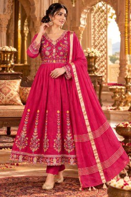Festival Special Premium Mal Chanderi Cotton 3 Pcs Anarkali Suit Set Size wise Combo Set