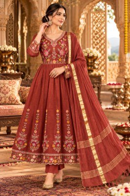 Festival Special Premium Mal Chanderi Cotton 3 Pcs Anarkali Suit Set Size wise Combo Set