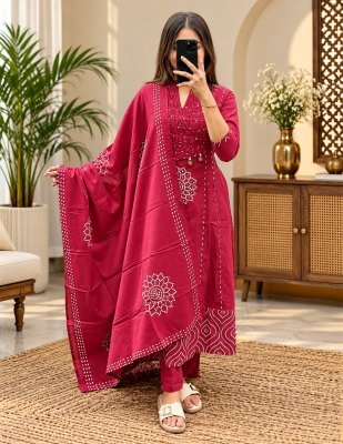 Festive Cotton 60×60 3-Piece Flair Kurti Pant Dupatta Set with Yoke Work wholesale catalogs