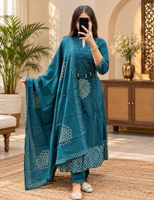 Festive Cotton 60×60 3-Piece Flair Kurti Pant Dupatta Set with Yoke Work Size wise Combo Set
