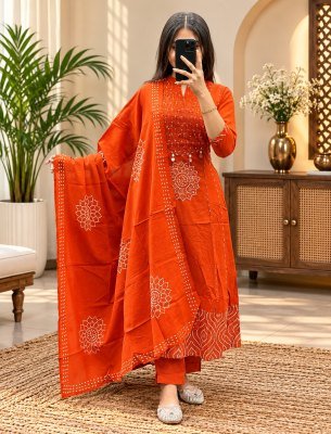 Festive Cotton 60×60 3-Piece Flair Kurti Pant Dupatta Set with Yoke Work Size wise Combo Set