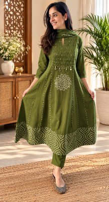 Festive Cotton 60×60 3-Piece Flair Kurti Pant Dupatta Set with Yoke Work Size wise Combo Set