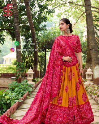 Festive Flair Bandhej Print Tussar Silk Lehenga Choli 1229 Mustered Yellow Colour Artisan Charm Bandhej Tussar Silk Lehenga Choli with Gotta Patti Bor Amavi