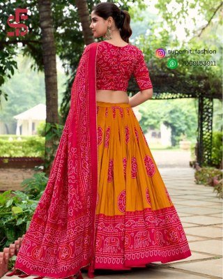 Festive Flair Bandhej Print Tussar Silk Lehenga Choli 1229 Mustered Yellow Colour Artisan Charm Bandhej Tussar Silk Lehenga Choli with Gotta Patti Bor lehenga choli
