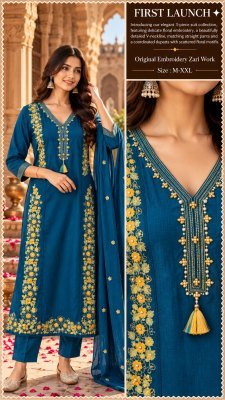 Floral Zari Embroidered Kurti Pant Dupatta Set Ethnic Wear with V-Neckline wholesale catalogs