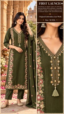 Floral Zari Embroidered Kurti Pant Dupatta Set Ethnic Wear with V-Neckline Size wise Combo Set