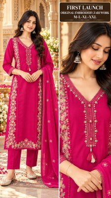 Floral Zari Embroidered Kurti Pant Dupatta Set Ethnic Wear with V-Neckline Size wise Combo Set