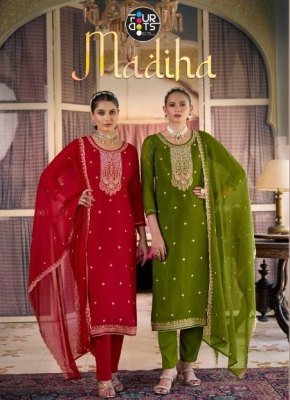 Fourdots Madiha Crush Silk Unstitched Top with Heavy Work  Dull Santoon Bottom Set with Simer Najneen Heavy Work Dupatta Wholesale dress material catalogs