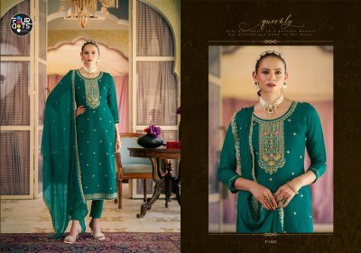 Fourdots Madiha Crush Silk Unstitched Top with Heavy Work  Dull Santoon Bottom Set with Simer Najneen Heavy Work Dupatta Wholesale dress material catalogs