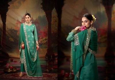 Fourdots Sajini Unstitched  Elegant Glass Organza Top with Jarkan Work And Muslin Bottom Set with Heavy Jarkan Dupatta Wholesale dress material catalogs