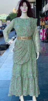 Frill and Flare Blue Hills pure georgette flower printed Gown with mirror work belt catalogue gown catalogs