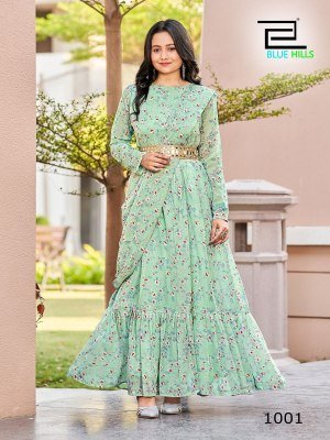 Frill and Flare Blue Hills pure georgette flower printed Gown with mirror work belt catalogue gown catalogs
