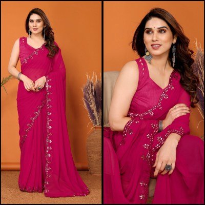 GC Bright Georgette Saree with Border Mirror Work and Printed Blouse sarees catalogs