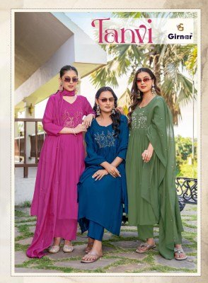 GIRNAR Tanvi Vol-1 Mal Chanderi Anarkali Kurti Pant Dupatta Set with Moti Work 