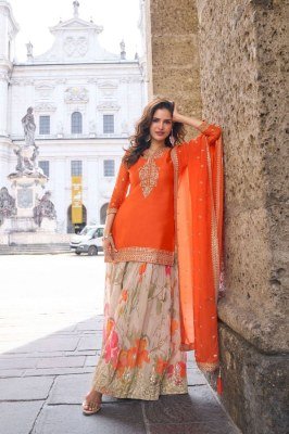 GULKAYRA DESIGNER RASHMIKA Real Chinon Embroidery Kurti Palazzo Dupatta Set Fancy Palazzo suit catalogue