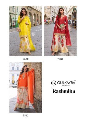 GULKAYRA DESIGNER RASHMIKA Real Chinon Embroidery Kurti Palazzo Dupatta Set Fancy Palazzo suit catalogue