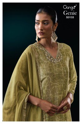 Ganga Genie 3133 Unstitched Premium Pure Bemberg Silk Jacquard Embroidered Suit with Organza Silk Dupatta And Swarovski Accents Wholesale Ganga Suits 