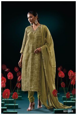 Ganga Genie 3133 Unstitched Premium Pure Bemberg Silk Jacquard Embroidered Suit with Organza Silk Dupatta And Swarovski Accents Wholesale dress material catalogs