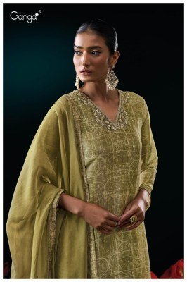 Ganga Genie 3133 Unstitched Premium Pure Bemberg Silk Jacquard Embroidered Suit with Organza Silk Dupatta And Swarovski Accents Wholesale dress material catalogs