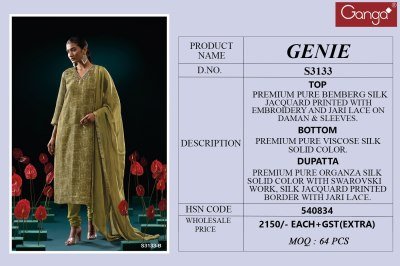 Ganga Genie 3133 Unstitched Premium Pure Bemberg Silk Jacquard Embroidered Suit with Organza Silk Dupatta And Swarovski Accents Wholesale dress material catalogs
