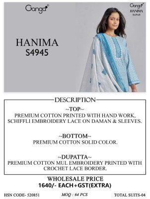 Ganga Hanima S4945 Premium Cotton Handwork Dress Material Collection dress material catalogs