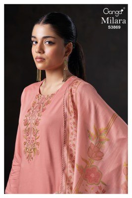 Ganga Milara 3869 Premium Cotton Satin Embroidered Unstitched Suit with Schiffli Work  Pure Bemberg Lawn Dupatta Wholesale dress material catalogs
