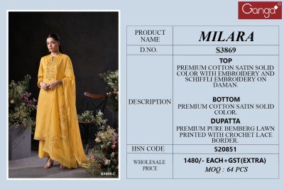 Ganga Milara 3869 Premium Cotton Satin Embroidered Unstitched Suit with Schiffli Work  Pure Bemberg Lawn Dupatta Wholesale dress material catalogs