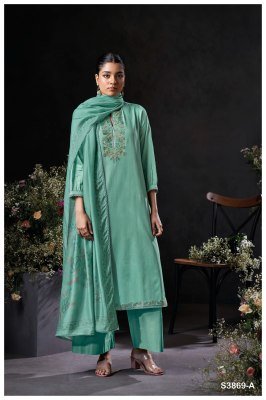 Ganga Milara 3869 Premium Cotton Satin Embroidered Unstitched Suit with Schiffli Work  Pure Bemberg Lawn Dupatta Wholesale dress material catalogs