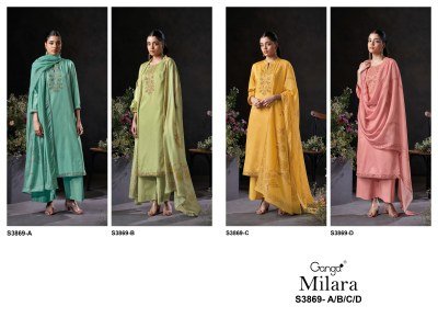Ganga Milara 3869 Premium Cotton Satin Embroidered Unstitched Suit with Schiffli Work  Pure Bemberg Lawn Dupatta Wholesale dress material catalogs