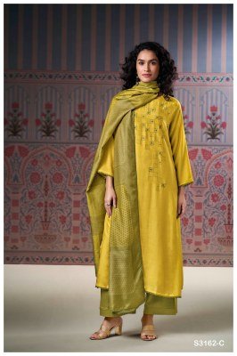 Ganga Nessa 3162 Premium Pure Bemberg Silk Hand Embroidered Salwar Suit with Crochet Lace And Printed Dupatta Wholesale dress material catalogs