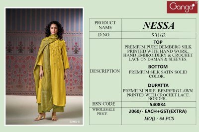 Ganga Nessa 3162 Premium Pure Bemberg Silk Hand Embroidered Salwar Suit with Crochet Lace And Printed Dupatta Wholesale dress material catalogs