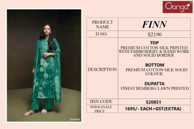 Ganga by FINN 2190 premium cotton silk printed embroidered and handwork unstitched dress material at low rate salwar kameez catalogs