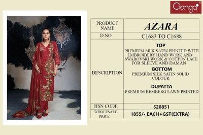Ganga present AZARA premium silk satin printed with embroidered unstitched salwar kameez material at wholesale price  salwar kameez catalogs