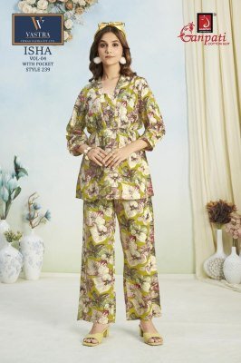 Ganpati Isha Vol 4 Elegant Rayon Printed Co Ord Set Top And Bottom Cord Set Wholesale co ord set catalogs