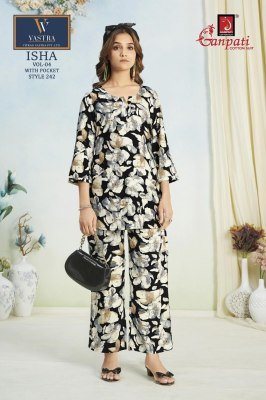 Ganpati Isha Vol 4 Elegant Rayon Printed Co Ord Set Top And Bottom Cord Set Wholesale co ord set catalogs