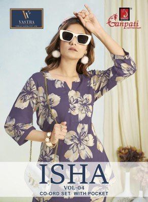 Ganpati Isha Vol 4 Elegant Rayon Printed Co Ord Set Top And Bottom Cord Set Wholesale co ord set catalogs
