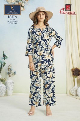 Ganpati Isha Vol 4 Elegant Rayon Printed Co Ord Set Top And Bottom Cord Set Wholesale co ord set catalogs