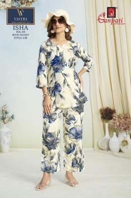 Ganpati Isha Vol 4 Elegant Rayon Printed Co Ord Set Top And Bottom Cord Set Wholesale co ord set catalogs