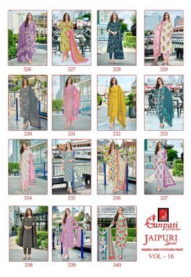 Ganpati Jaipuri Vol 16 Pure Cotton Printed Kurti Pant with Dupatta 3 Piece Ethnic Set Wholesale kurti pant with dupatta Catalogs